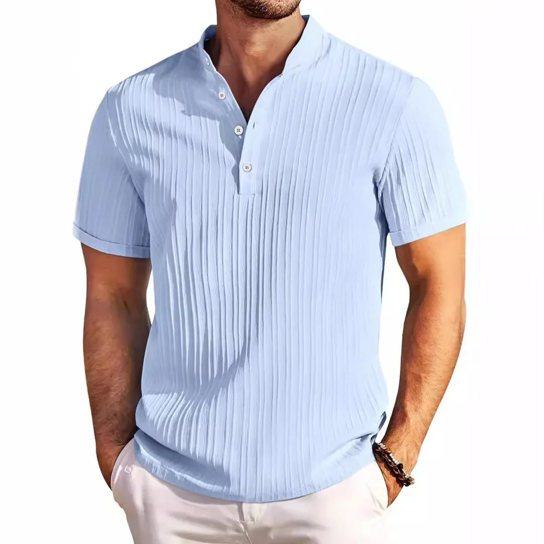 

summer explosive men's fashion casual retro cotton linen pullover shirt striped Henry shirt men's top