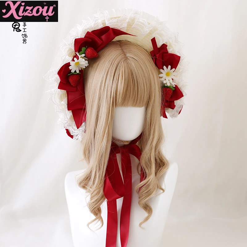 

Японская оригинальная соломенная шляпа ручной работы Strawberry Lolita Hanyang Eclectic Bnt Lace Cla Tie Bow Flat Hat Bonnet Top Hats for Women