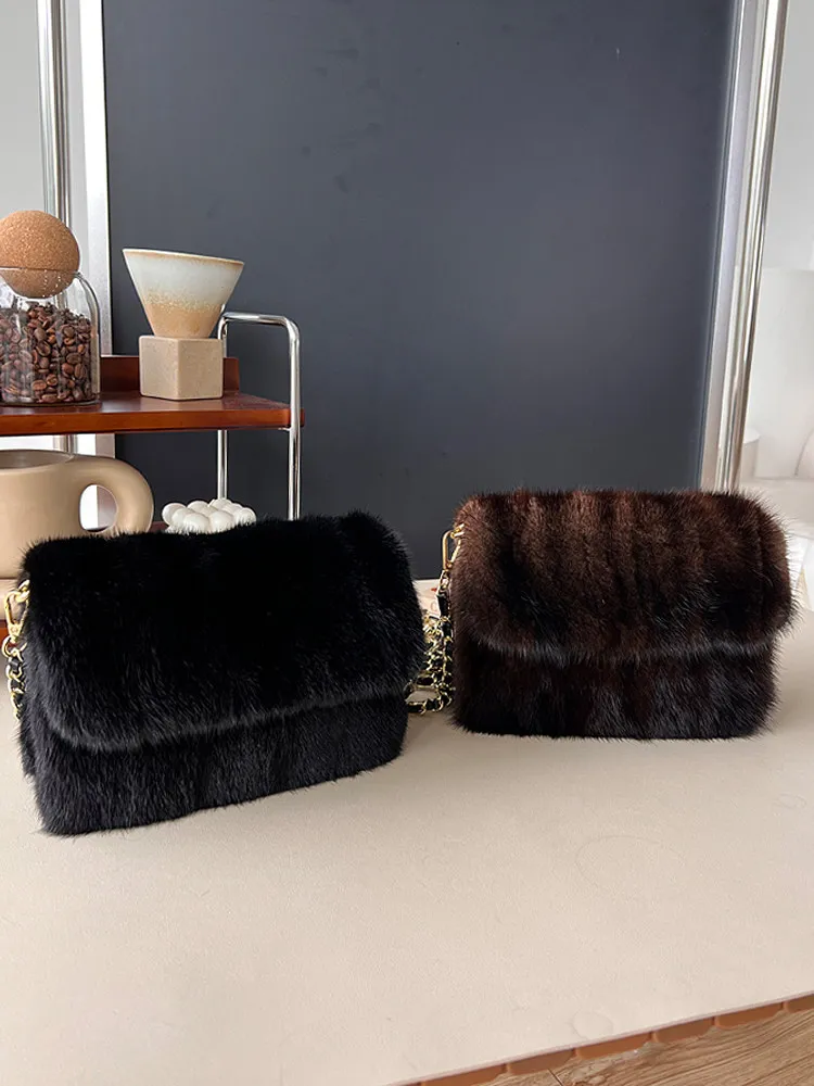 Real Mink Fur Bag For Women Winter Luxury Handbags Ladies Crossbody Single Shoulder Bag Evening Bags Ladies Fluffy Handbag