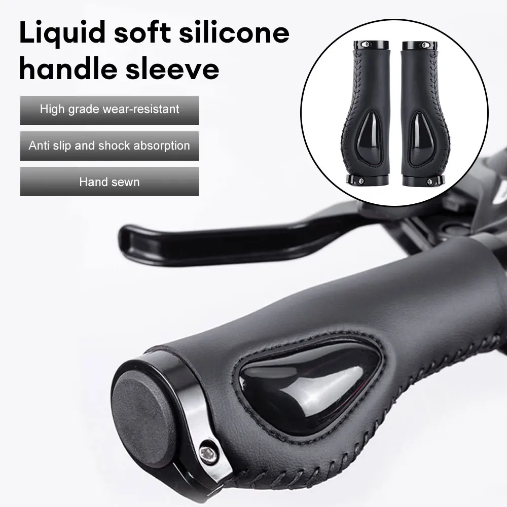 Leather Bicycle Grips Liquid Silicone MTB Handle Cuffs Ergonomics Handlebar Grip Bilateral Lock Non-slip Road Bike Accessories