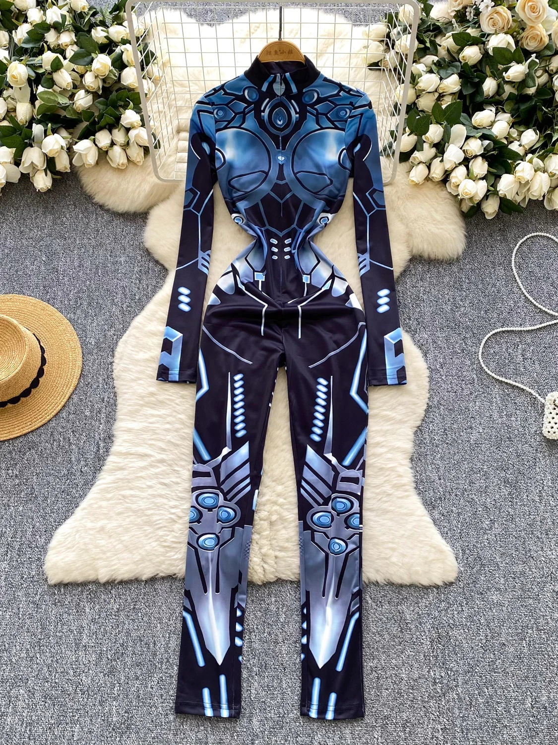 

Модный длинный комбинезон с высоким воротником и принтом Spicy Girl, женский костюм, длинные брюки с высокой талией, прямой крой, лето 2025 г.