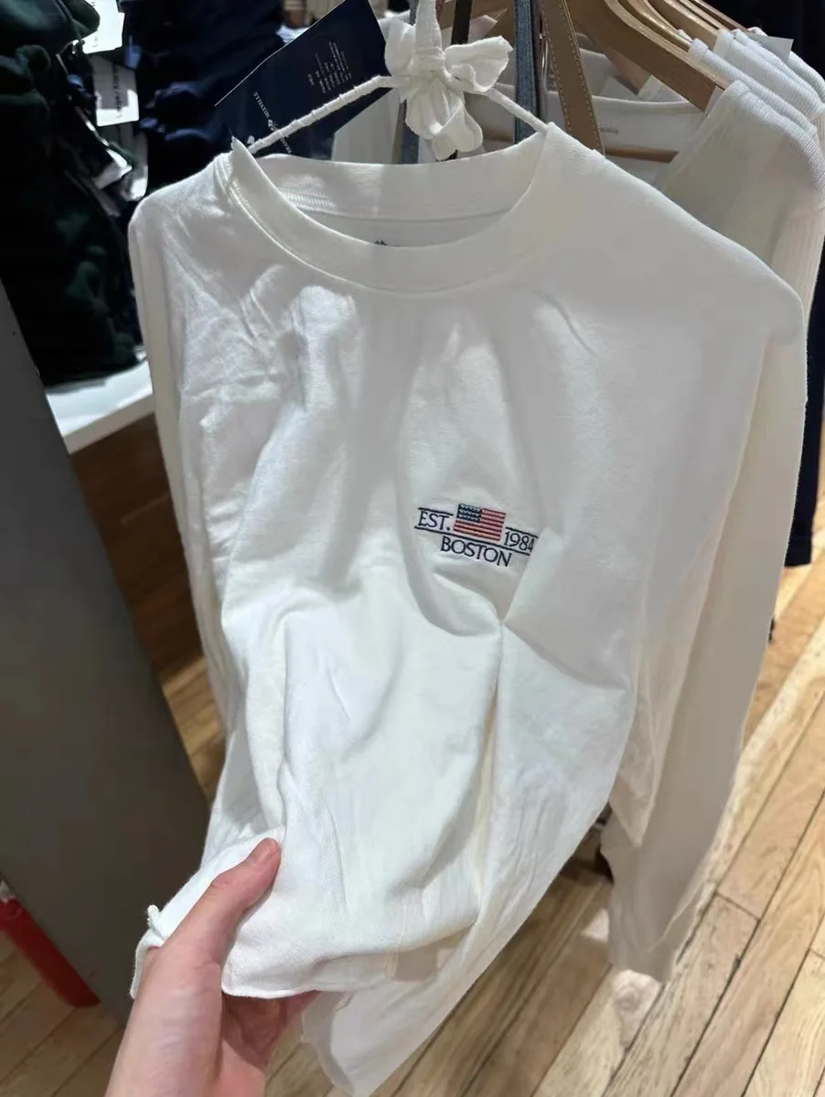 Vlag Brief Borduren Wit T-shirt Vrouwen Herfst Ronde Hals Ruwe Zoom T-shirts Met Lange Mouwen Amerikaanse Vintage Casual Tops Tee Shirts