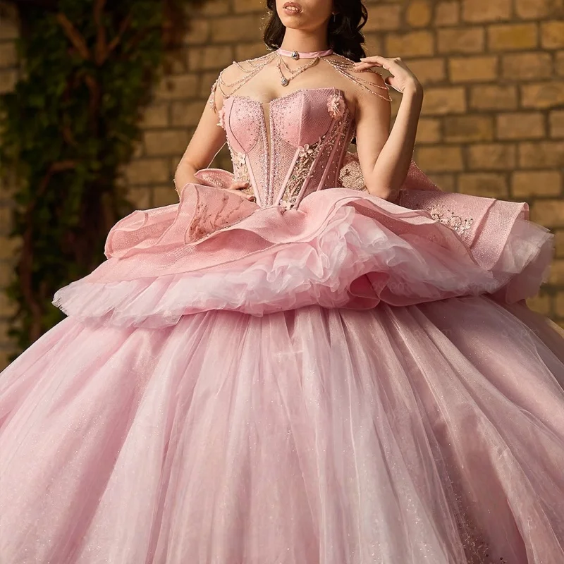 

Pink Quinceanera Dresses Glitter Crystal 3D Flower Decal off-shoulder Layering Long tail Bow Vestido 15 Quinceanera Customize