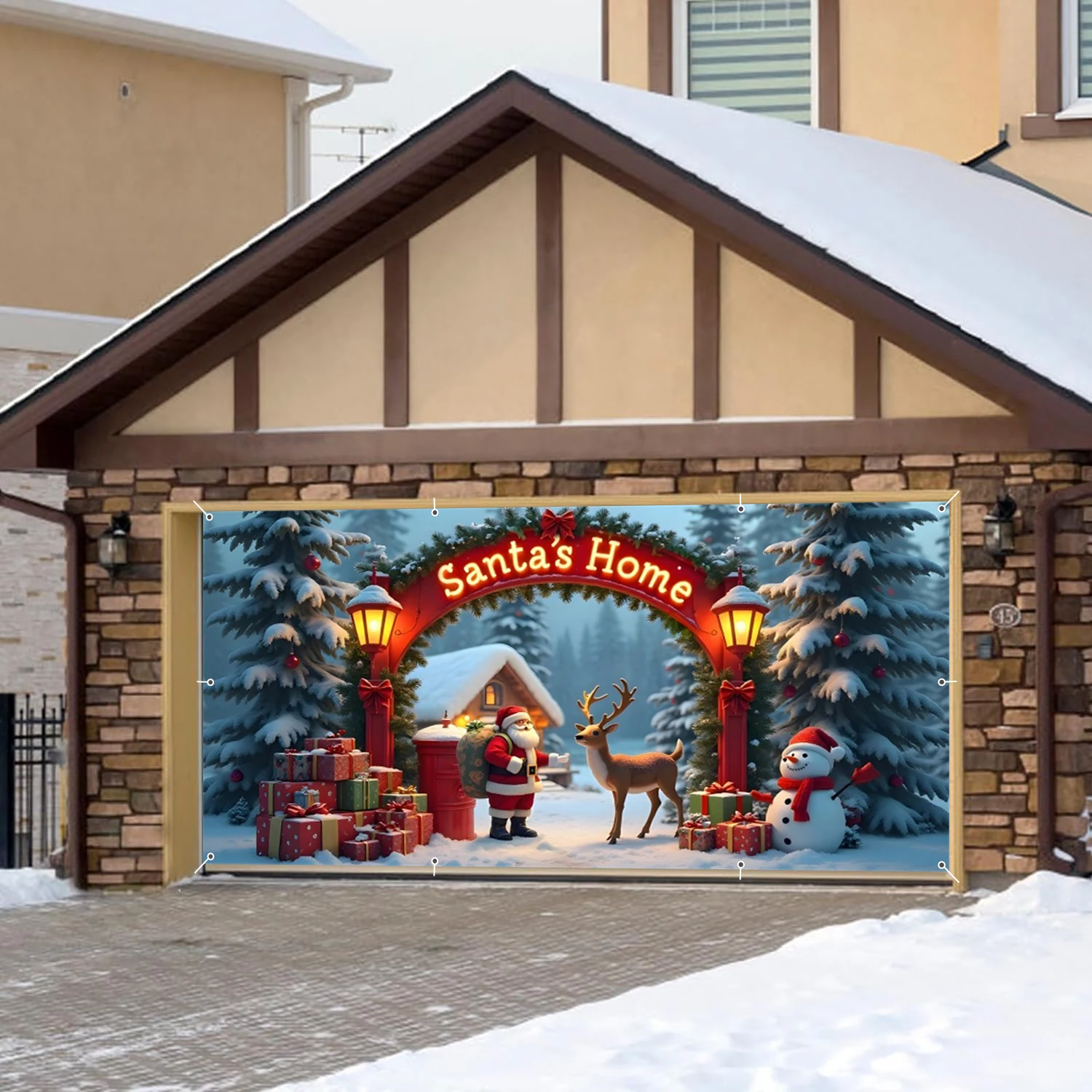 Santa's Home Christmas Garage Door Backdrop Welcome Arch Reindeer Snowman Festive Gift Xmas Party Large Hanging Decor Background