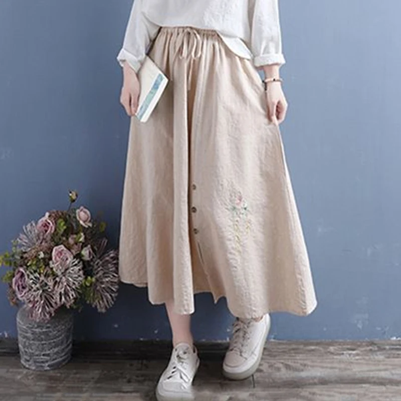 Women Summer Vintage Ethnic Style Embroidery Cotton Linen Midi Skirt Female Casual High Waist Pockets Split Loose A-line Skirts