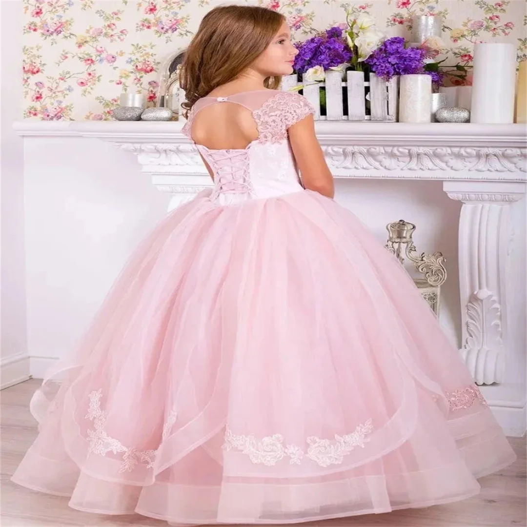 Vestido de niña de flores blanco y rosa personalizado, apliques florales de tul sin mangas para boda, fiesta de cumpleaños, graduación, banquete, vestido de princesa