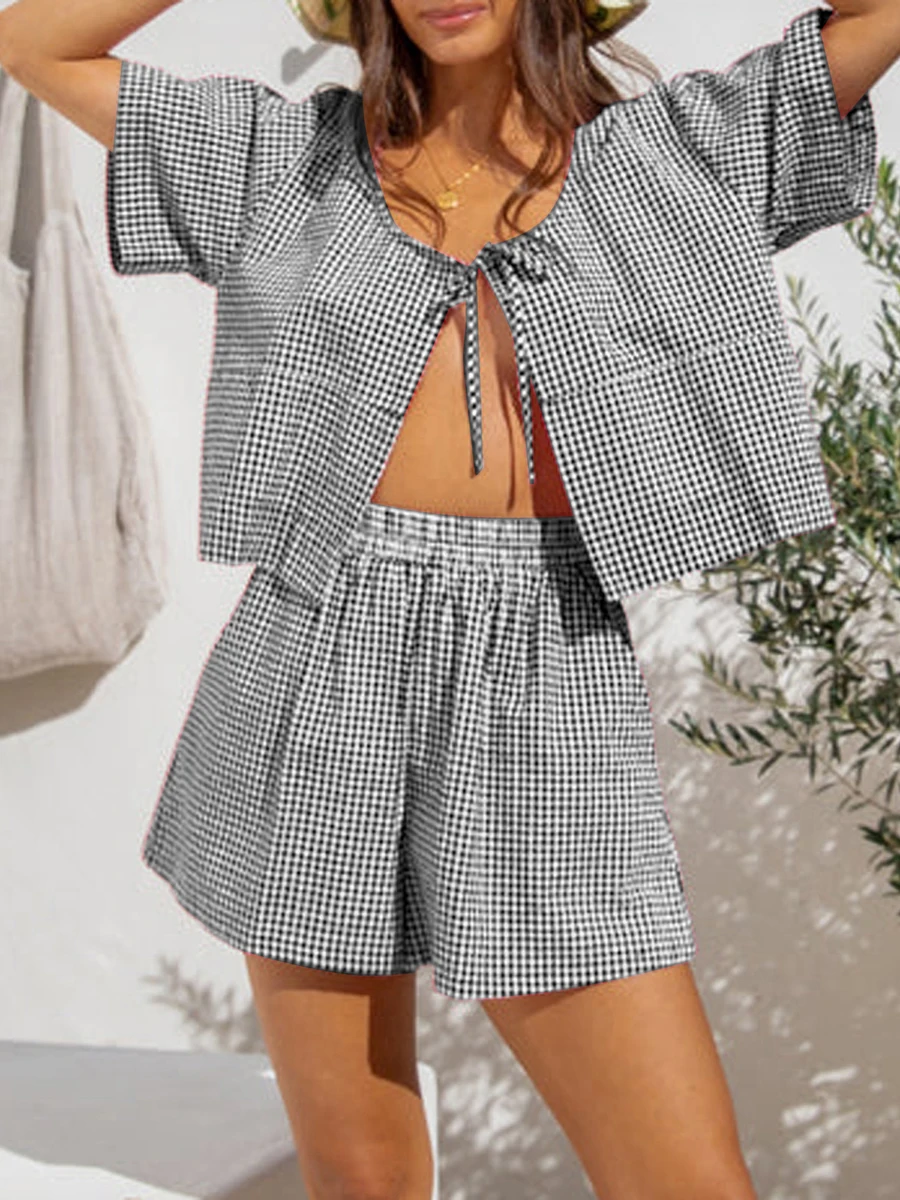 Women Cute Bow Tie Front Pajama Set Short Sleeve Plaid Print Cutout Lace Up Tops Ruffle Hem Shorts Aesthetic Babydoll Pj Sets