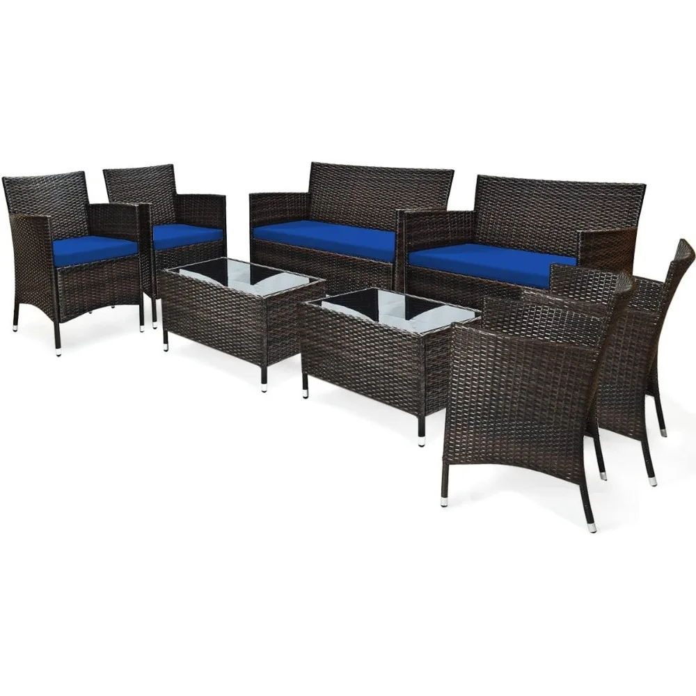 8 Piece Patio Wicker Rattan Conversation Set with Tempered Glass Coffee Table and Thick Cushions, Wicker Set for Wicker Chairs