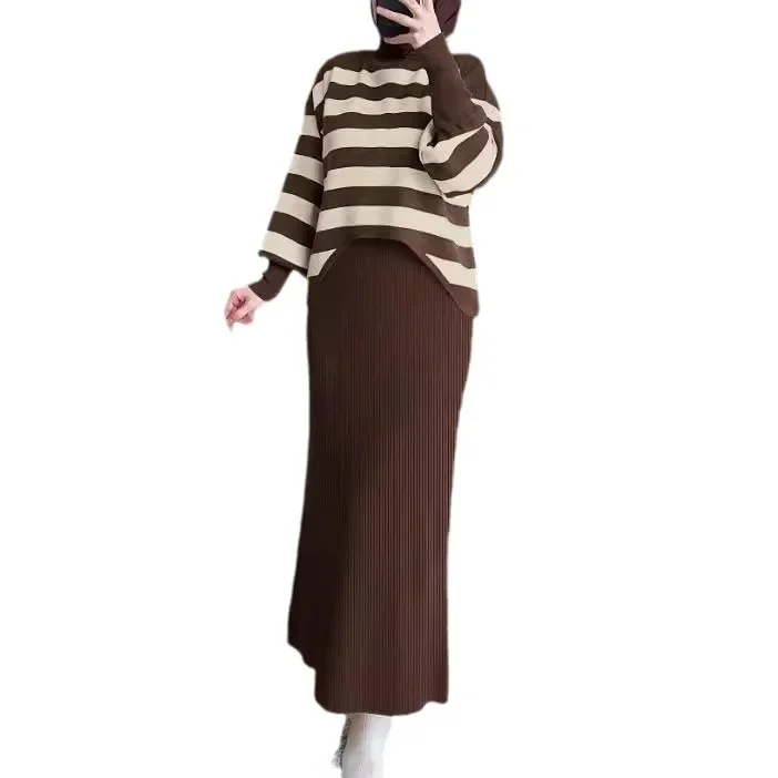 Muslim Knitting 2 Piece Set Women Striped Knitted Top Pullover Vest Dress Suit Morocco Dubai Arabic Casual Dresses Ensemble