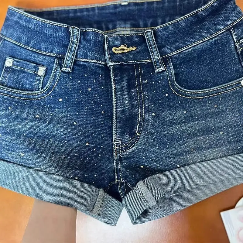 Spice Girl Curling Hot Diamond Denim Shorts Women's Summer Low Waist Skinny Y2k Shorts Jeans Hot Pants