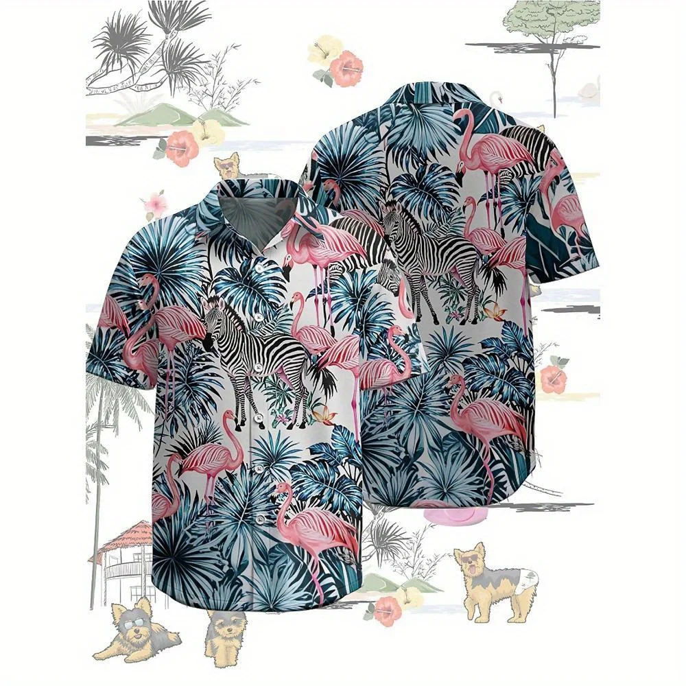 Men's Large Size Hawaiian Shirt - Zebra and Flamingo Pattern, Colorful Aloha Shirt, Casual ,Ideal Gift for Family and Friends