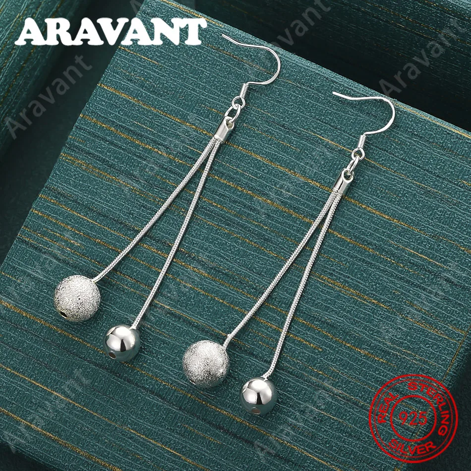 

925 Sterling Silver Smooth Matte Beaded Long Earrings For Women, Exquisite And Cute Wedding Party Jewelry