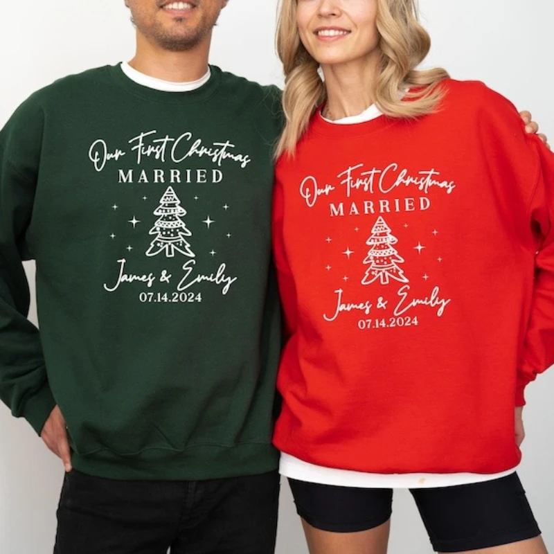 Custom Our First Christmas Married Sweatshirt 1st Christmas Wife Gift Christmas Newlywed Gift for Couples Just Married Hoodie