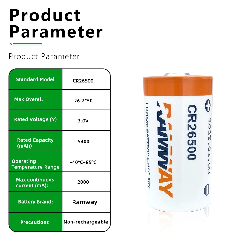 RAMWAY CR26500 3.0V Li-MnO2 Battery Industrial Robot PLC Server, Controller, Gas Meter, Flow Meter, Smoke Alarm