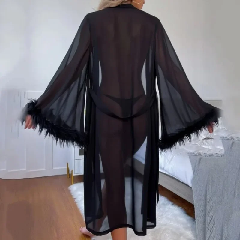 Summer Women\'s Black Sexy Satin Nightgown Simulation Silk Feather Long Flared Long Sleeve Nightgown Bridal Morning Gown Homewear