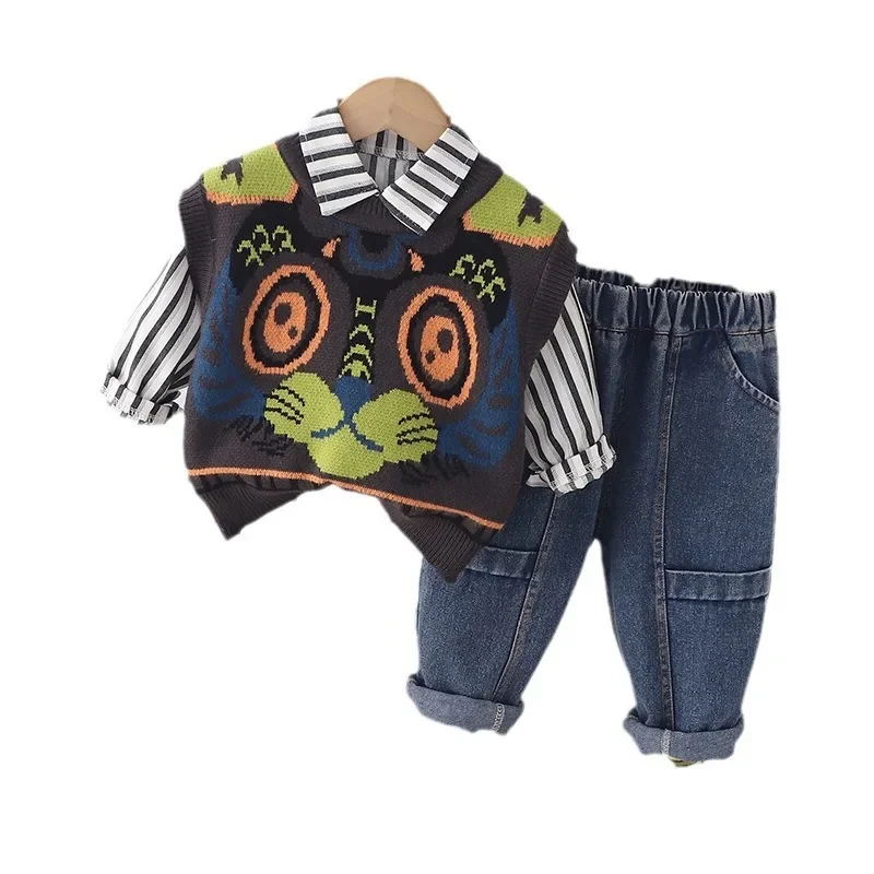 2024 Spring New Boys Cartoon Sweater Vest Three piece Set for Boys Striped Shirt and Denim Pants Set