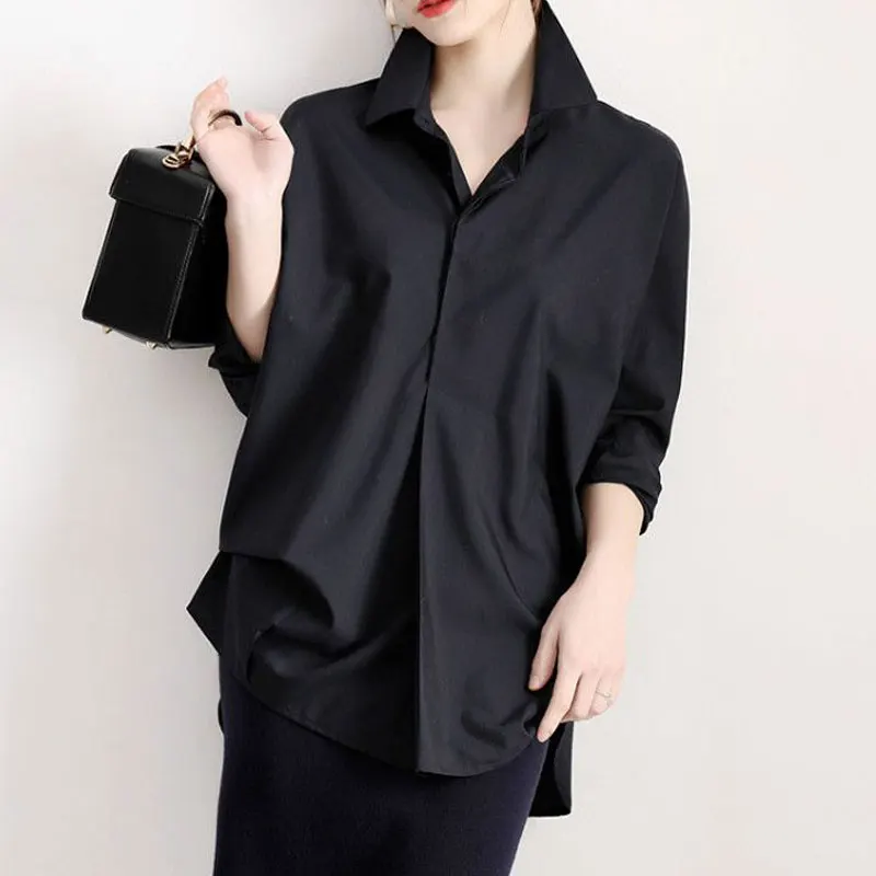 Spring Summer Loose Commute Solid Color Shirt Women\'s Clothing Fashion Single-breasted Korean Polo-Neck Long Sleeve Midi Blouse