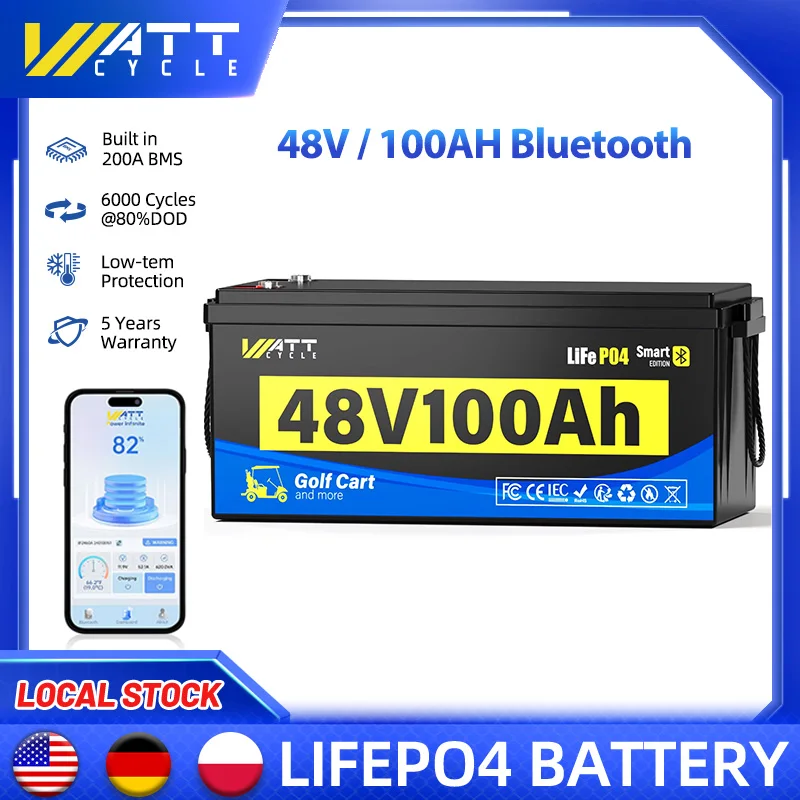 

Wattcycle LiFePO4 Battery Packs 48V 100Ah Specially Designed For Golf Cart 200A BMS Robust 5120Wh Smart Bluetooth Monitor
