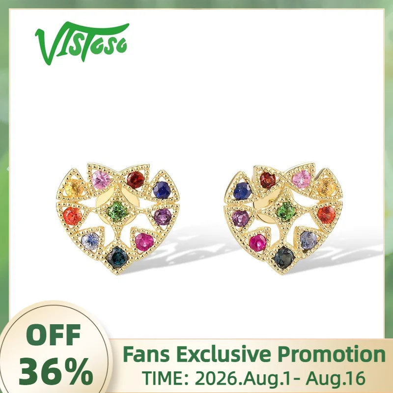 VISTOSO Real 14K 585 Yellow Gold Stud Earrings For Women Sparkling Colorful Gems Cute Heart Wedding Gifts Fine Jewelry