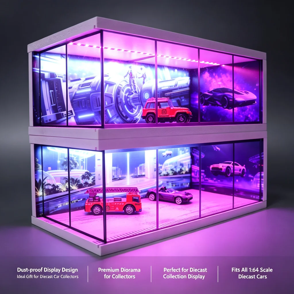 G FANS 1:64 Car Garage Models Shop Parking Building Led Diorama Building Scene Model with Lights Car Garage Diorama Scene Model