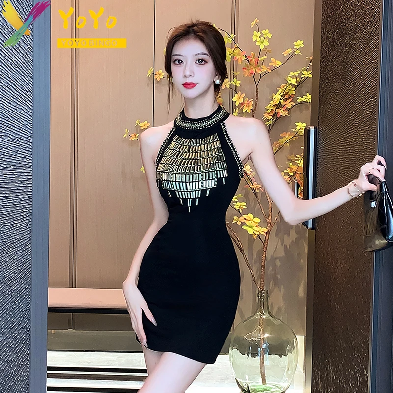 Sexy Black Sequin Sleeveless Hanging Neck O-neck Party Dresses 2024 Summer Fashion Elegant Slim Bodycon Luxury Nightclub Dress