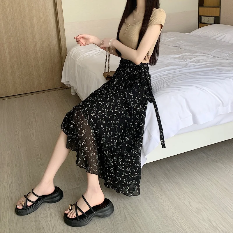 High Waist Floral Print Half Skirt Sun Protection Wrap Midi Dress Slimming Vintage Split Drapey Polyester Fiber Gentle Style