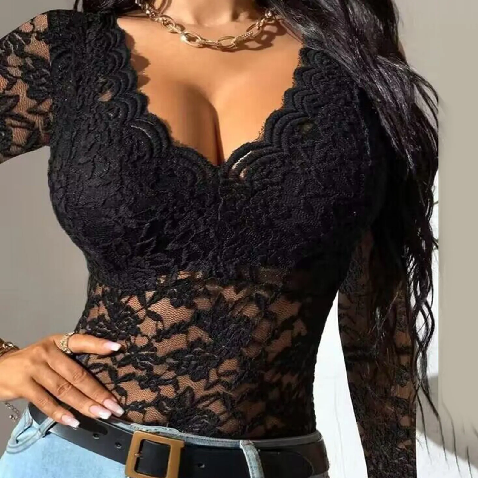 Women Slim Tunic Lace V Neck T-shirt Sexy Elegant Summer Long Sleeve Flower Embroidery See-through Shirt Tops Blouse