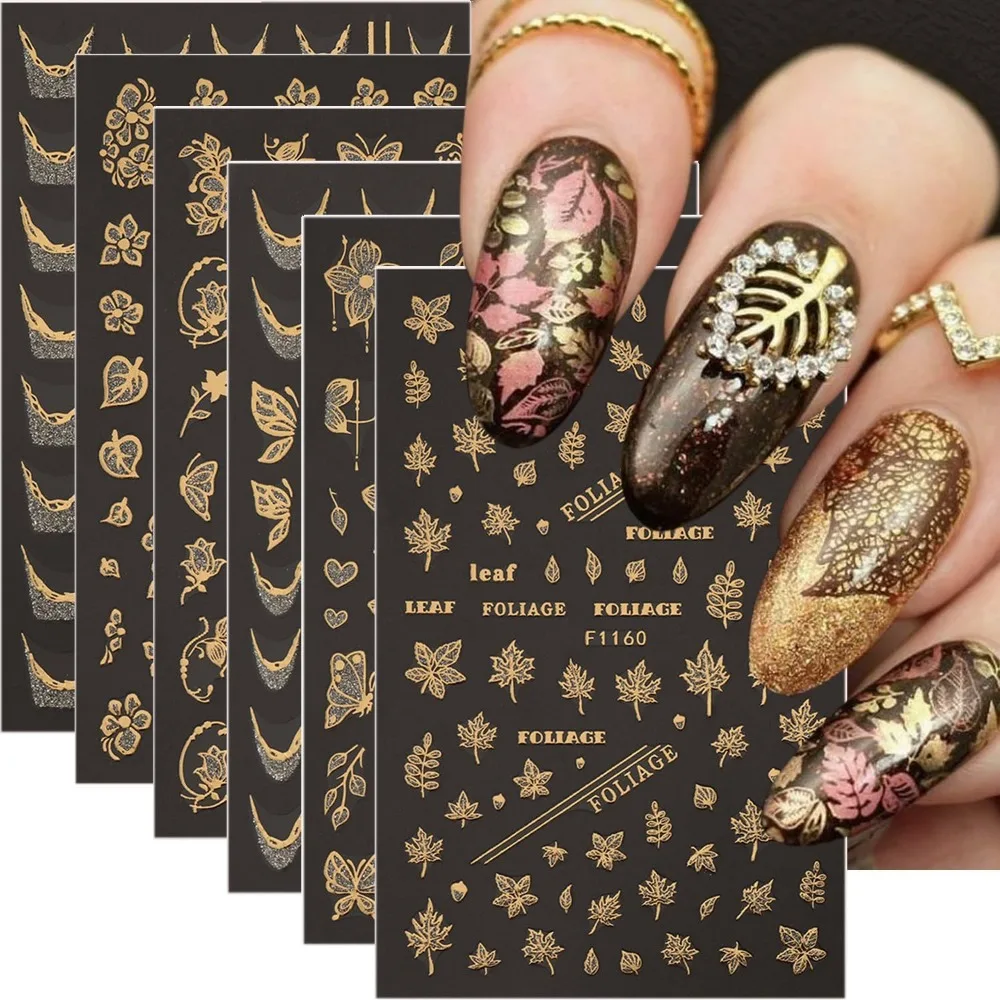 3D Glitter Gold Butterfly Flower Nail Stickers, Thanksgiving Maple Leaf, 6 Sheets Elegant French Manicure