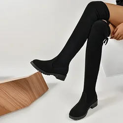 Stivali da donna in pelle scamosciata sintetica con tacco femminile Stivali al ginocchio elastici con cerniera autunnale per donna Stivali con lacci alla coscia neri Botas Mujer