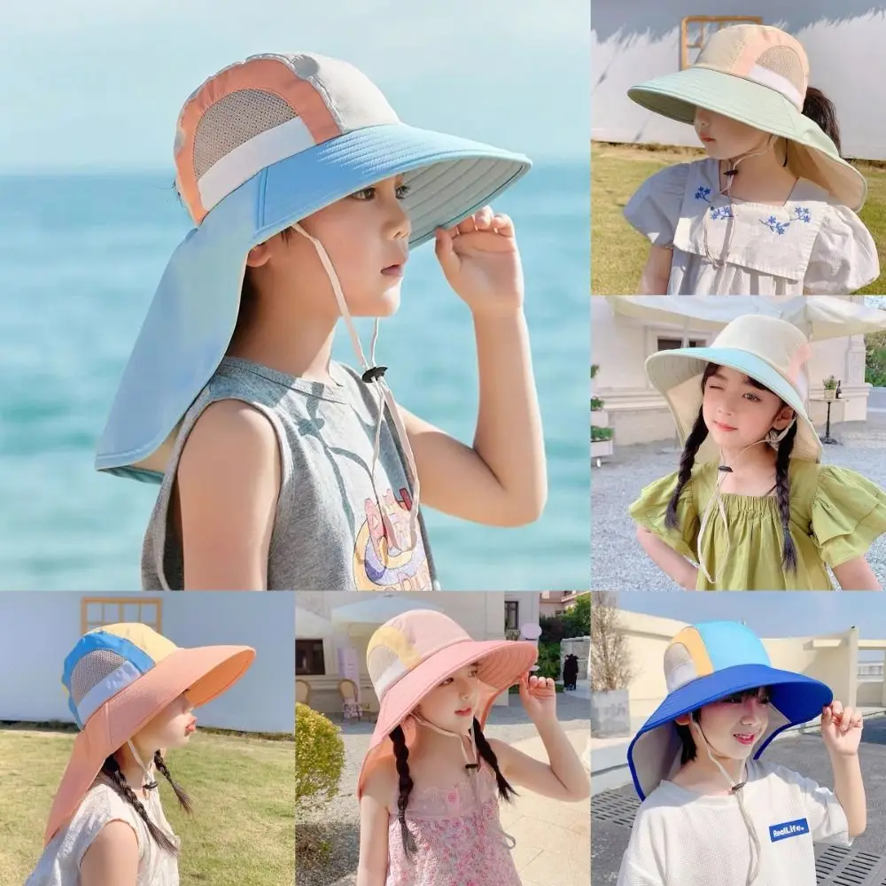 

New Neck Flap Baby Sun Hat UV Protection Polyester Bucket Hat with Strap Breathable Wide Brim Beach Hats for Summer