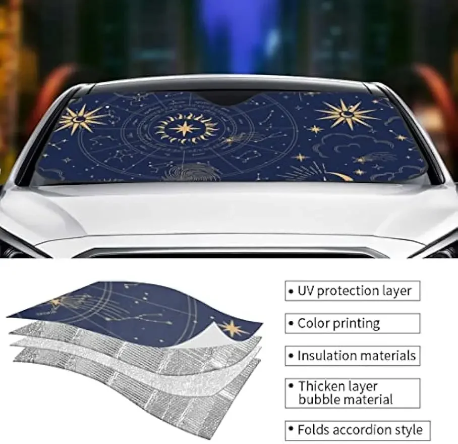 Sun Moon Astrology Chart pára-brisa para carro, pára-brisa, Front Window Sunshade para a maioria dos Sedans, SUV, Truck Blocks, Max Raios UV