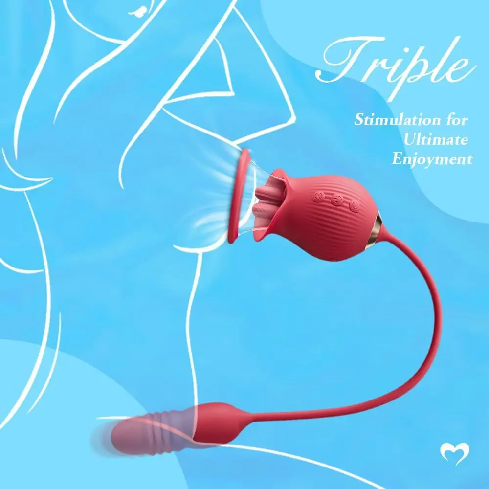 Mainan seks berbentuk mawar dengan vibrator penghisap, dildo dorong dan dua lidah mini, vibrator mawar dengan 3 stimulasi klitoris dan 10 V
