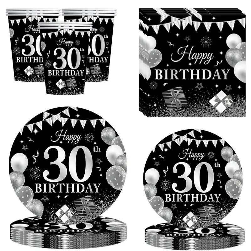 8Guests 30 Years Old Disposable Tableware Black Silver Balloon Gifts Paper Plates napkins Cup Happy 30th Birthday Party Supplies