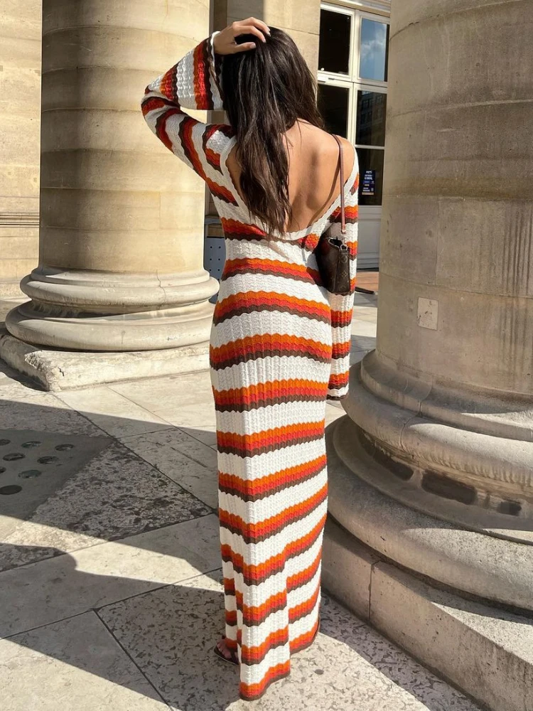 WeiYao-vestido de punto de algodón con espalda descubierta para mujer, traje a rayas de manga larga con cuello redondo, corte ondulado, estilo de vacaciones, otoño