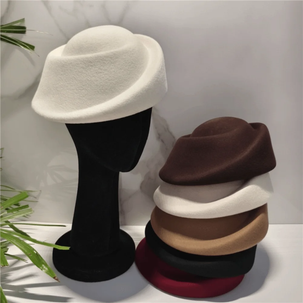 Vintage Hepburn Style Wool Pillbox Hat Elegant Teardrop Beret Hat Air Hostess Solid Color Woolen Felt Hat Cocktail Event
