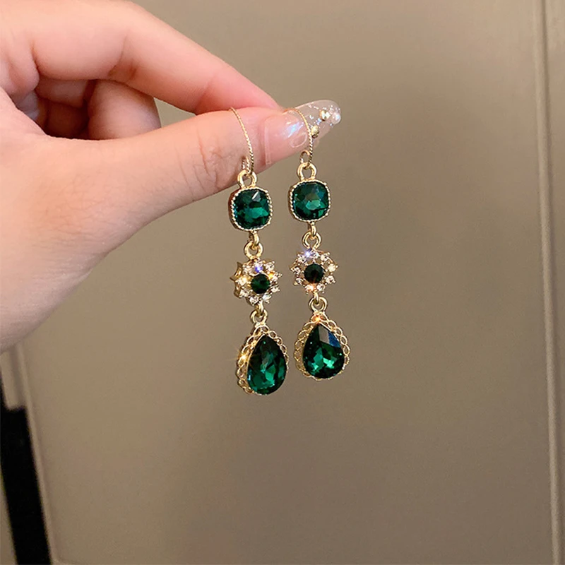 2022 New Fashion Green Gemstone Long Pearl Tassel Drop Earrings For Women Vintage Jewelry Party Wedding Trendy Dangle Earrings