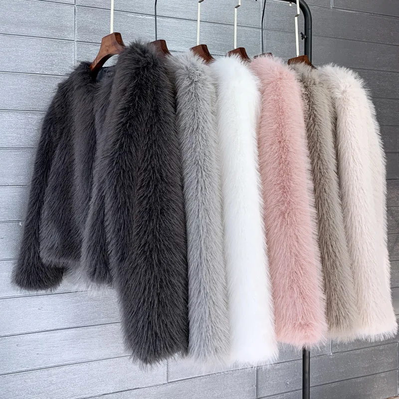 Women Imitation Faux Fur Coat Solid Color Plush Warm Jacket Loose Slim Fit Long Sleeve Thick Cardigan High Street 2023 Autumn