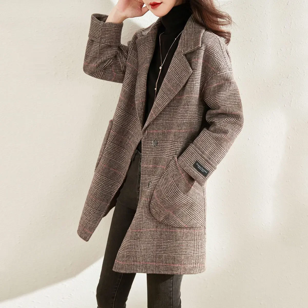 Abrigo holgado de mezcla de lana de Tweed de longitud media para mujer, ropa de invierno caliente, chaqueta de mezcla de prendas de vestir exteriores, chaqueta elegante de manga larga para mujer 2024