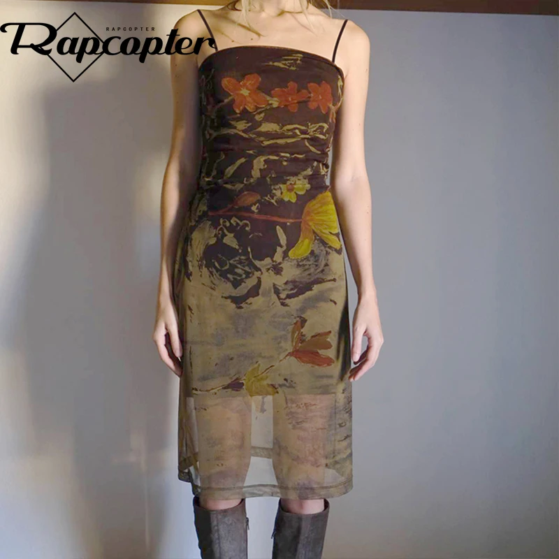 Rapcopter Y2K Printed Midi Dress Women Vintage Spaghetti Strap Sexy Sundress Backless Beach Holiday Fairycore Clothes Party Chic