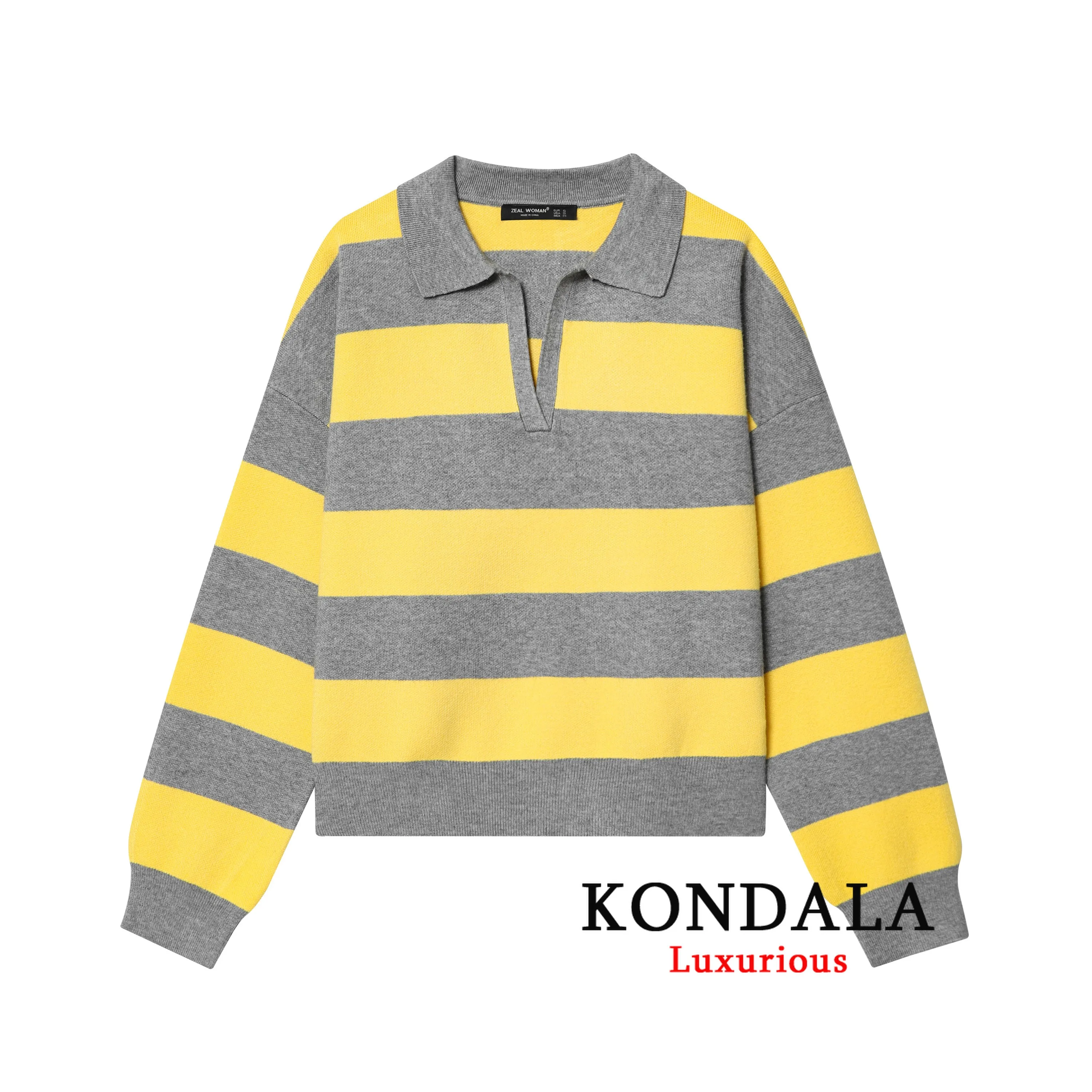 KONDALA سترات فضفاضة متماسكة مخططة غير رسمية للنساء بياقة على شكل V وأكمام طويلة بلوفرات موضة خريف 2025 قطع علوية سميكة ودافئة Y2K للفتيات