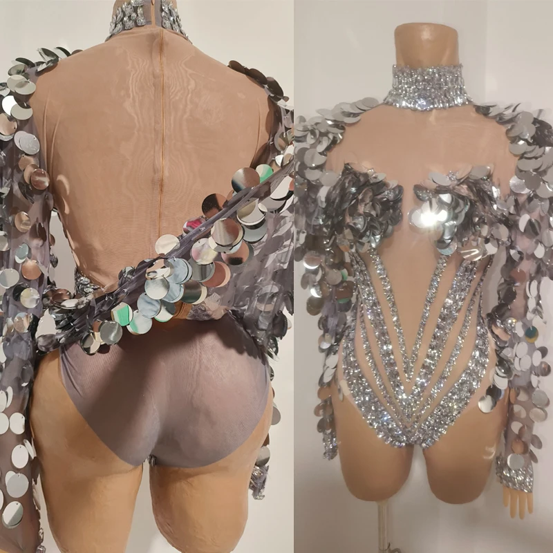 Sexy Pole Dance Gogo Costume Sequins Sleeves Rhinestones Bodysuit Women Performance Jazz Dance Outfit Stage Rave Wear XS11627