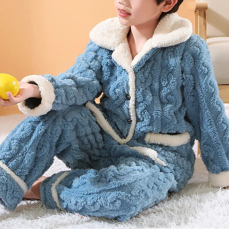 Thickened Warm Sleepwear Children\'s Pajamas Fall Winter Models Kids Flannel Padded Boys Middle and Large Children Girls Homewear