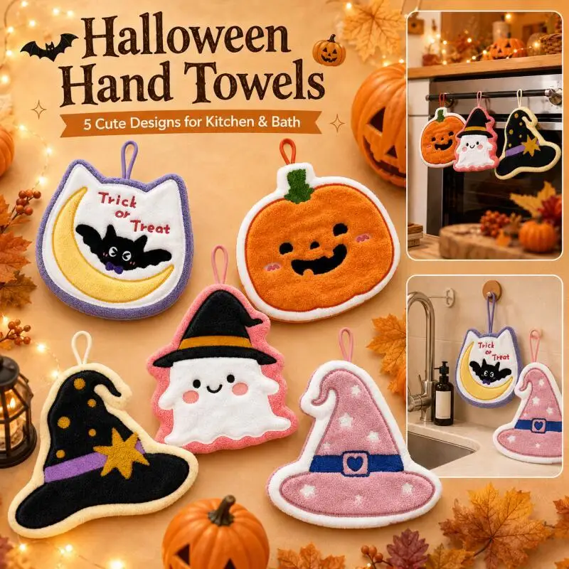 Cute Halloween Hand Towels,  Pumpkin Ghost Witch Hat Designs, Hanging Kitchen Bathroom Decor