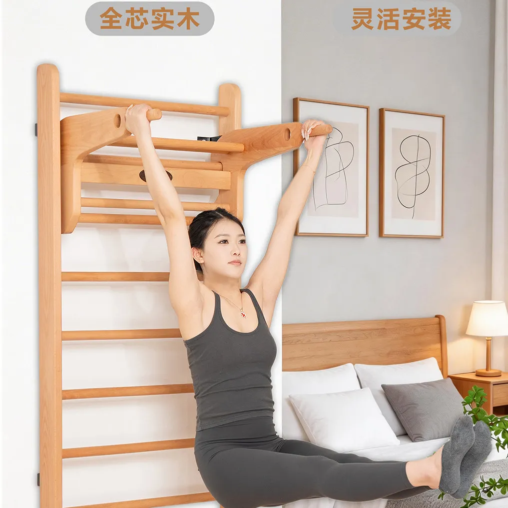 Household Wall Mounted Horizontal Bar Pull Up Bar Beech Frame Indoor Fitness Training Equipment for Children and Adults