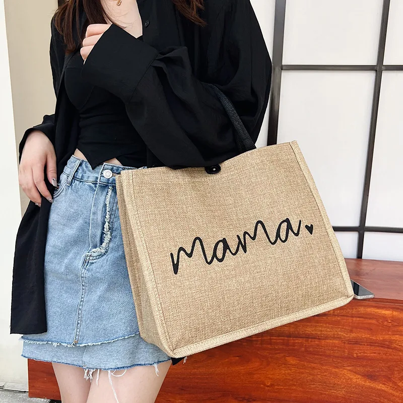 Large Capacity Tote Bag Women Letter Casual Portable Fashion Linen Handbag Shopping Shoulder Bag for Business School Work Travel