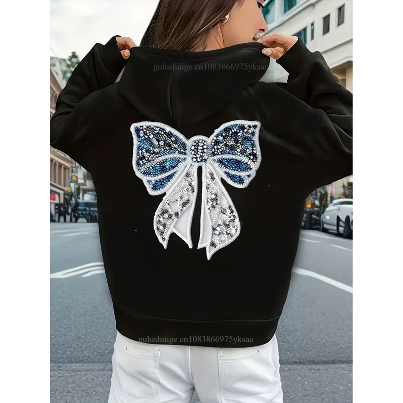 Y2k Streetwear Hoodie Halloween Gifts Blue Sequin Bow Knot Autumn Winter Fall Clothes Gift For Her