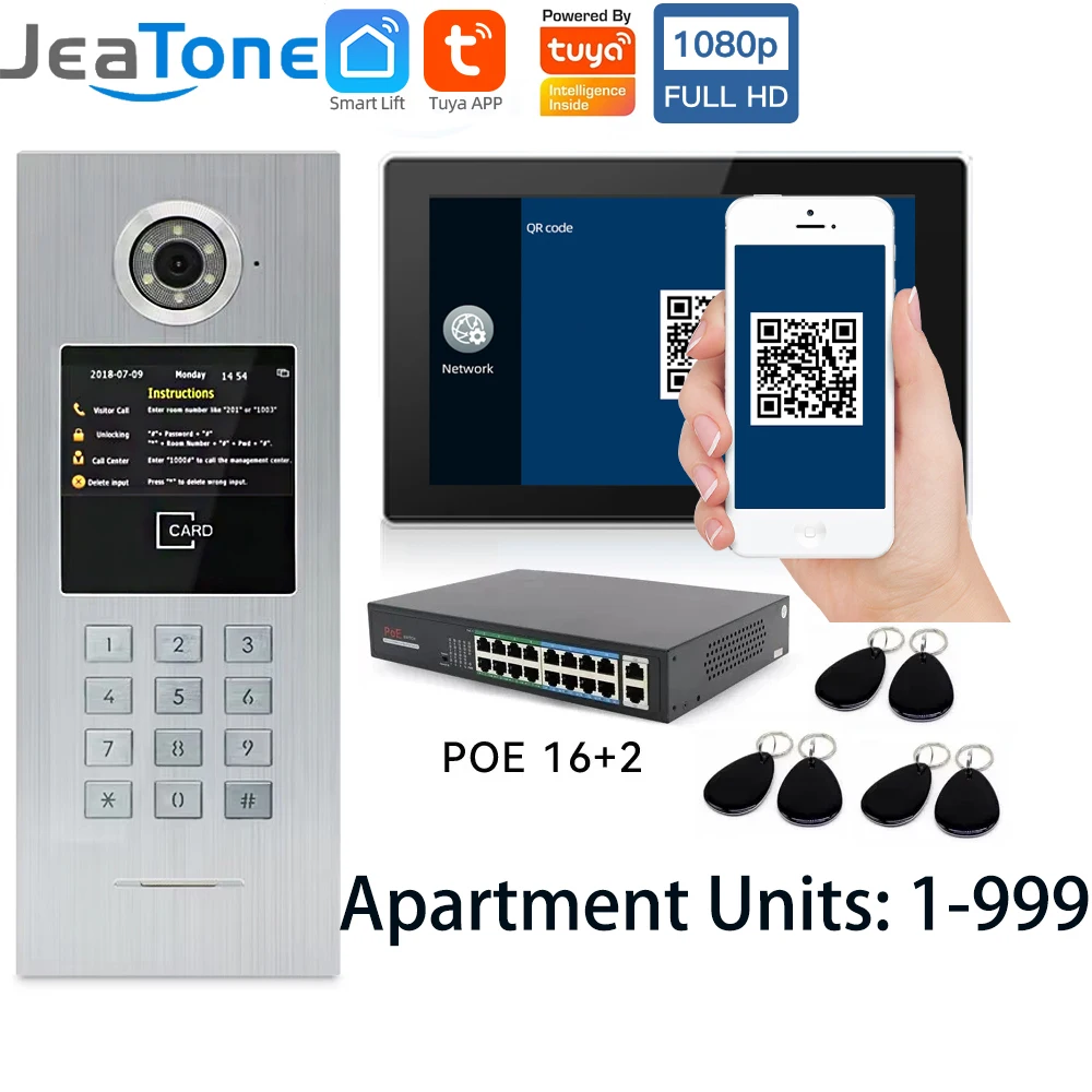 Jeatone TUYA WIFI 1080P 7 pulgadas pantalla táctil Video intercomunicador portero timbre cámara edificio apartamento para acceso remoto en casa