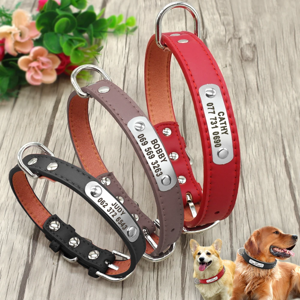 PU Leather Dog Collar Durable Padded Personalized Pet ID Collars Customized for Small Medium Large Dogs Cat Red Black Brown