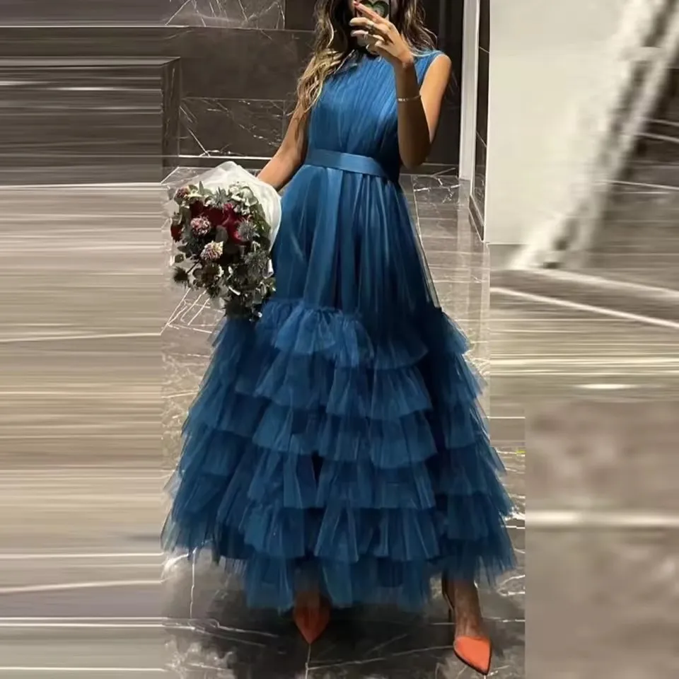 

Navy Blue Sleeveless Tiered Prom Dress A-Line Tulle Evening Gown for Girls Formal Party Birthday Dress Simple Elegant