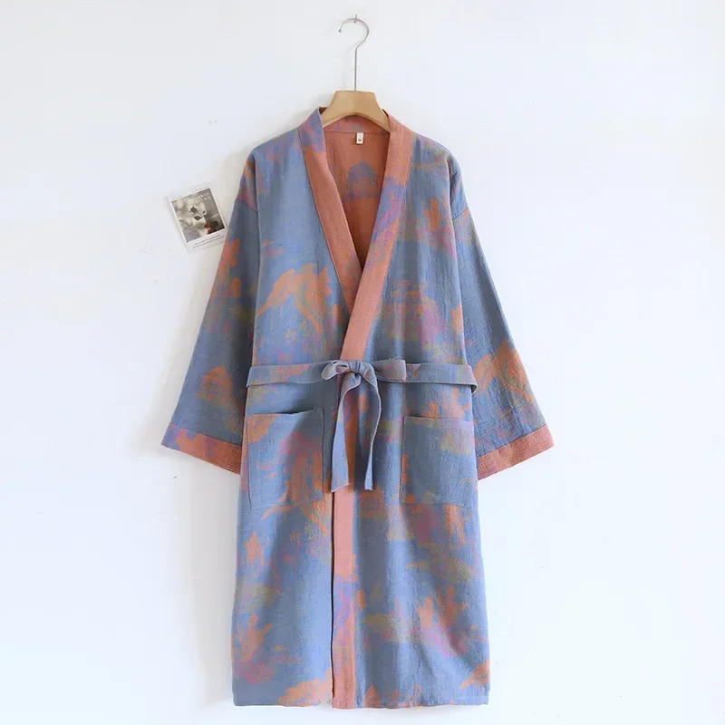 Women's Cotton Kimono Sleeping Robes Yukata Spring and Summer Cardigan Lace Up Yarn Woven Jacquard Plus Size Bathrobes